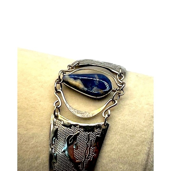 Vintage Mexican Alpaca Silver Bracelet With Genuine Lapis Drop Pendant - Picture 3 of 7